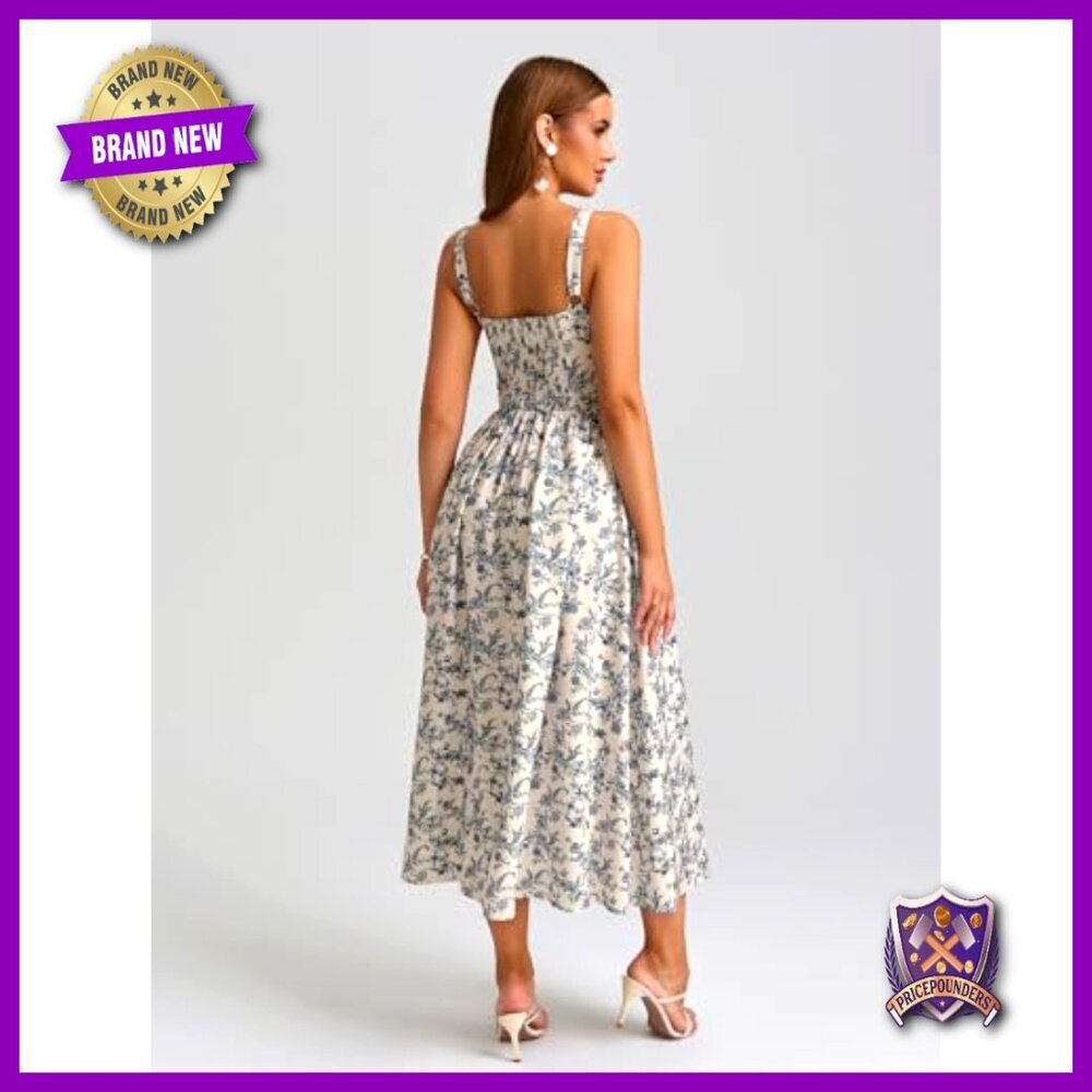 Floral Corset Midi Dress Flowy Slit Summer Wedding Guest Boho Chic - Picture 3 of 7